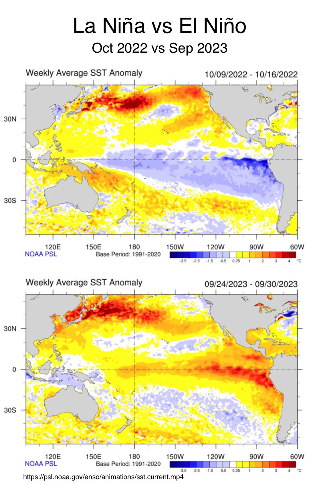 Two charts showing the sea surface temperature at the Pacific Equatorial Ocean area. The top one is for October 2022 showing colder than average temperature, and the bottom one is for September 2023 showing a much warmer temperature.